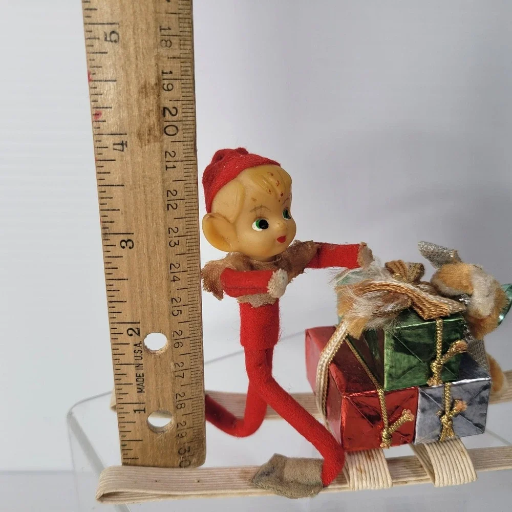 Vintage Pixie Elf Doll on Sleigh Christmas Decoration 8